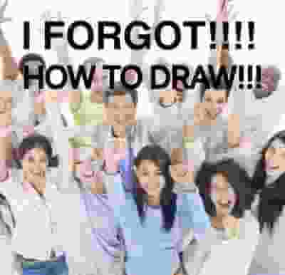 A low quality compressed image of a crowd cheering with 'I FORGOT!!!! HOW TO DRAW!!!' in black bold text above